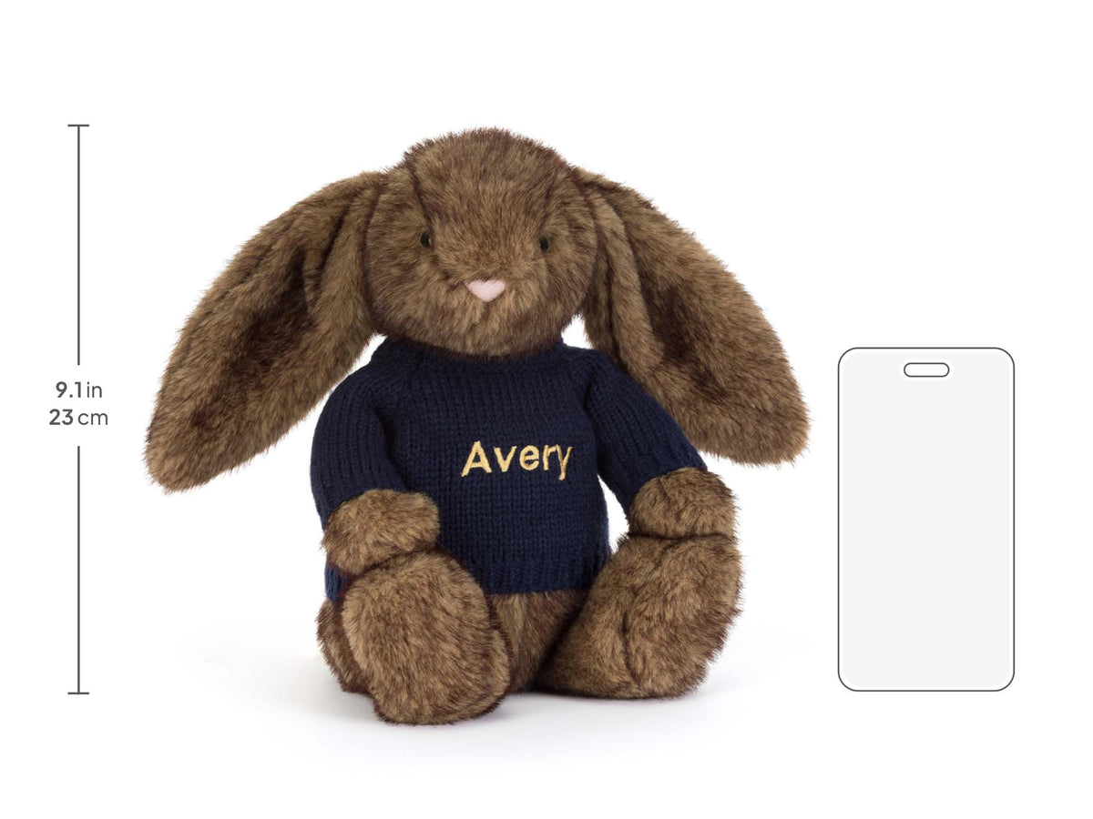 Hoppleston Luxe Bunny Original with Personalized Navy Jumper, size chart