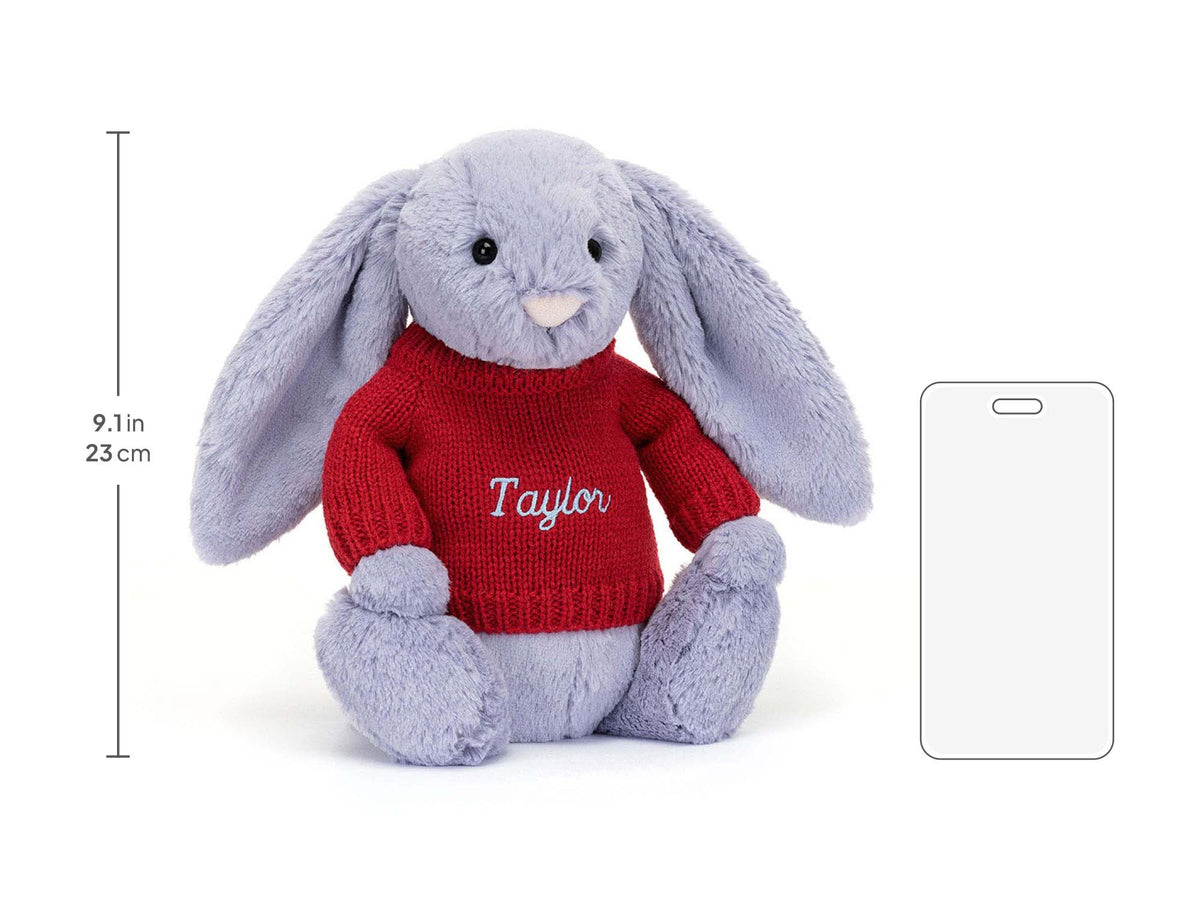 Bashful Viola Bunny with Personalized Red Jumper, size chart
